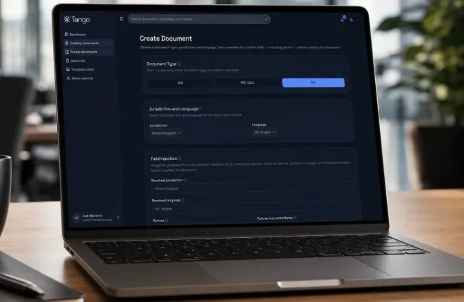 The Create Document workflow: document type, jurisdiction and language.