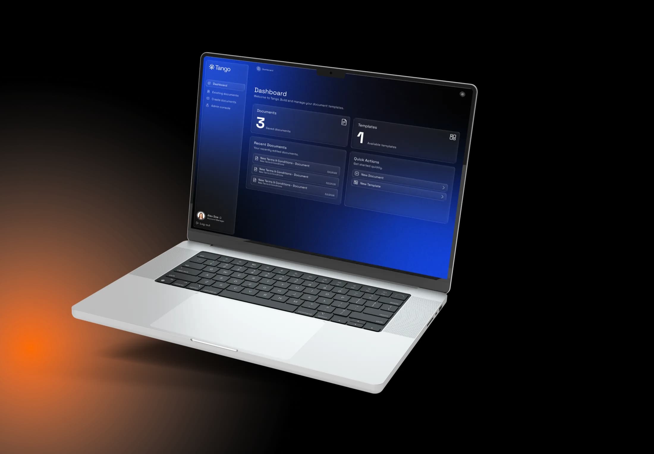 The Tango dashboard on a laptop: saved documents, templates and quick actions.